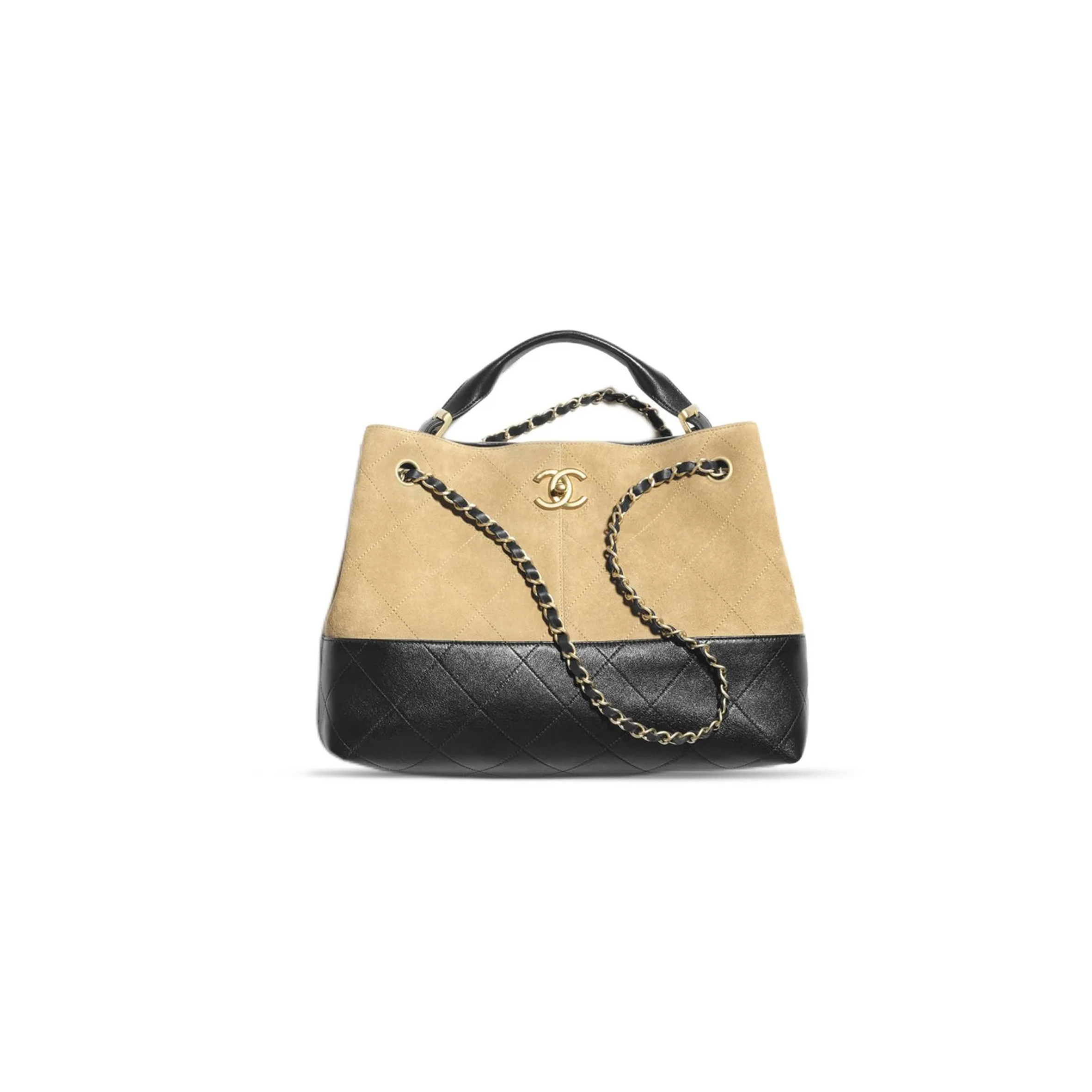 Ch*el master shopping bag suede calfskin, shiny lambskin & gold-tone metal beige & black as5634 (36*24*12cm)